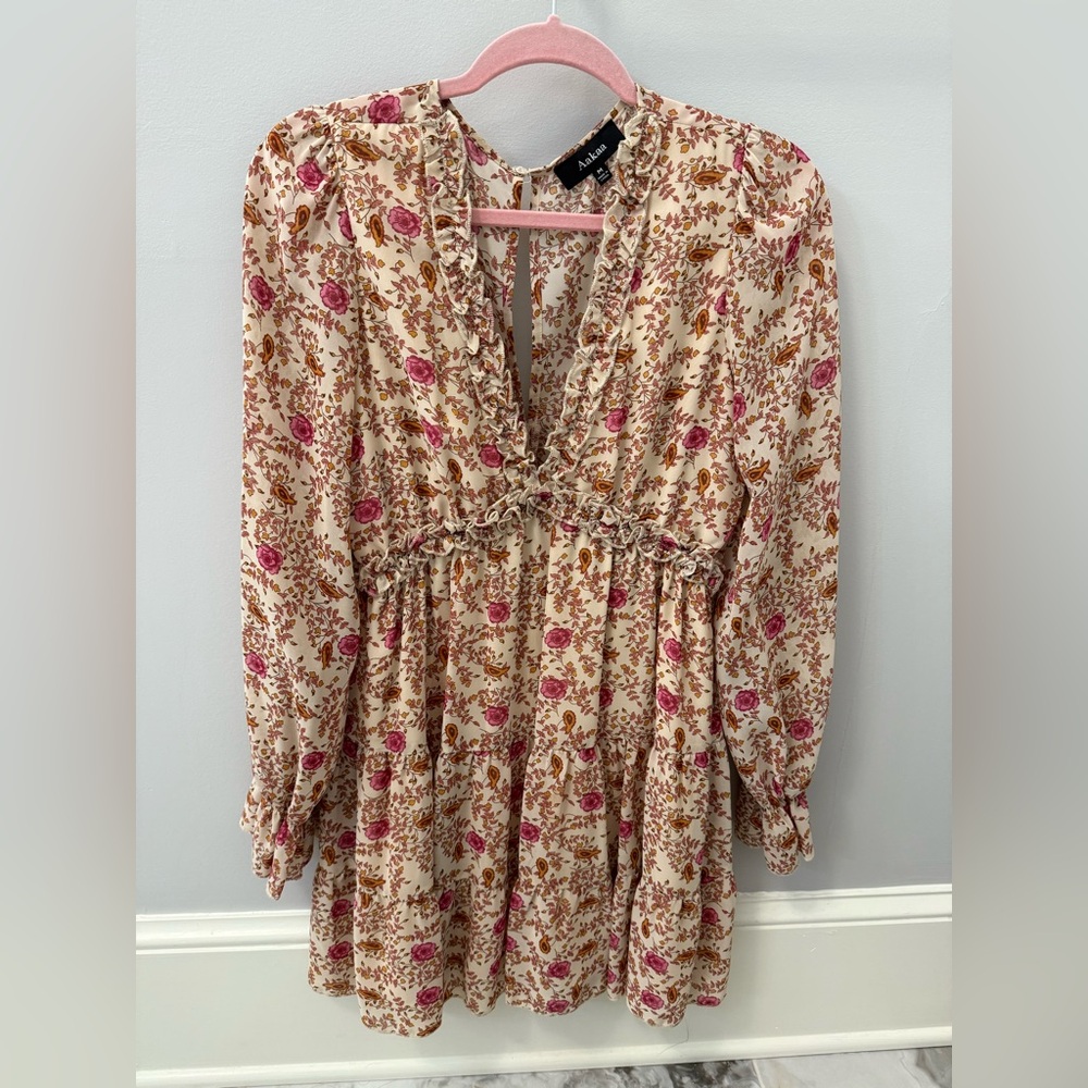 Pink and Brown Smocked Floral Long Sleeve Dress